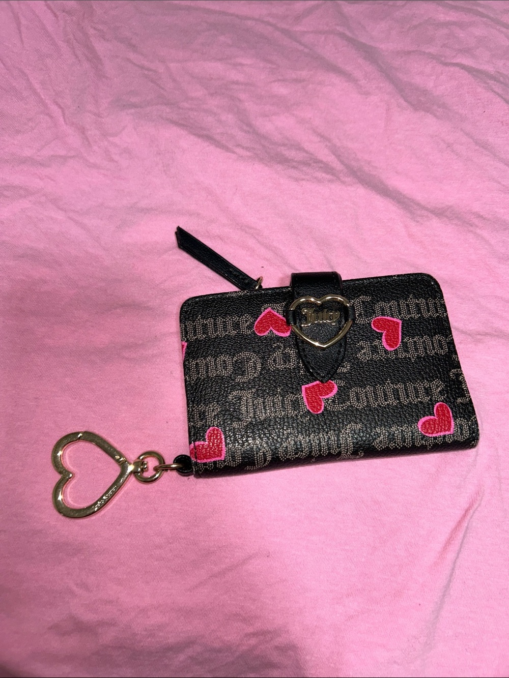 Juicy Couture Black Wallet with Pink Heart Print & Gold Heart Keyring